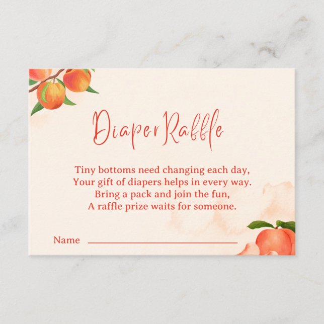 Sweet Peach Diaper Raffle Card – Fruit-Themed Begleitkarte (Vorderseite)