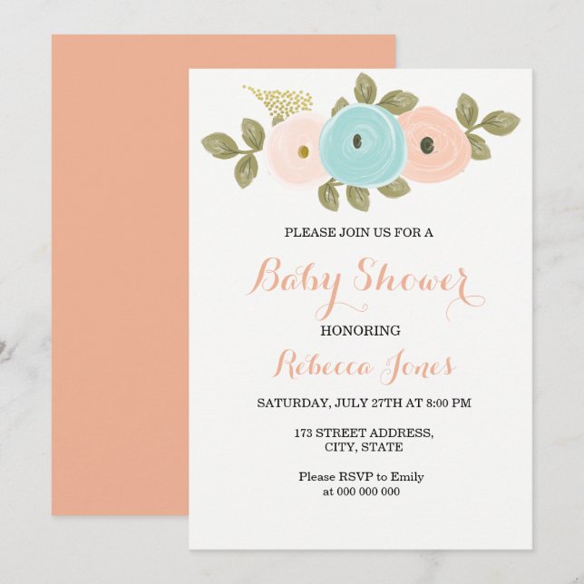 Sweet Peach Floral Baby Dusche Einladung (Vorne/Hinten)