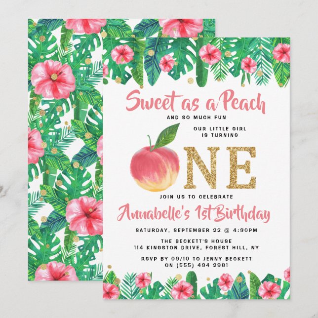Sweet Peach Girls 1. Geburtstag Einladung (Vorne/Hinten)