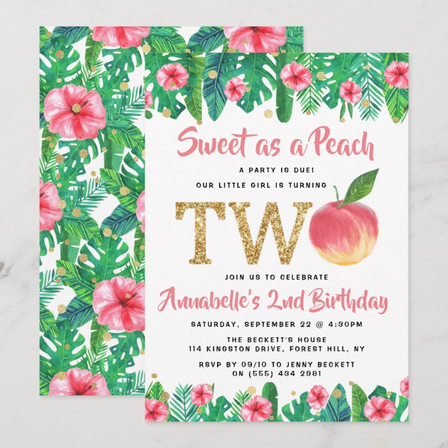 Sweet Peach Girls 2. Geburtstag Einladung (Vorne/Hinten)