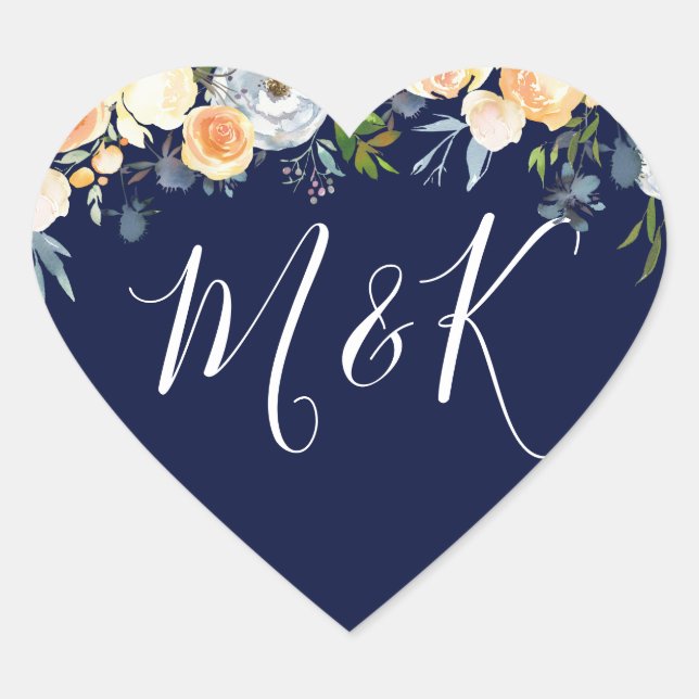 Sweet Peach & Navy Blume Hochzeitsinitials Gefalle Herz-Aufkleber (Vorderseite)