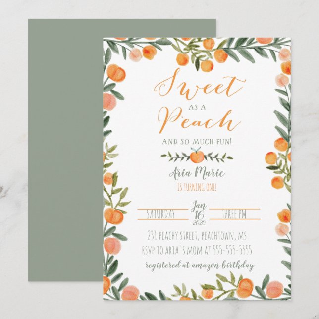 Sweet Peach Thema Erster Geburtstag Einladung (Vorne/Hinten)