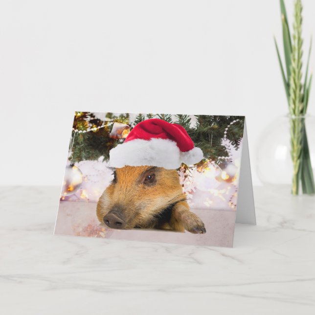 Sweet Pig in Weihnachtsmannmütze Weihnachtsbaum Feiertagskarte (Vorderseite)