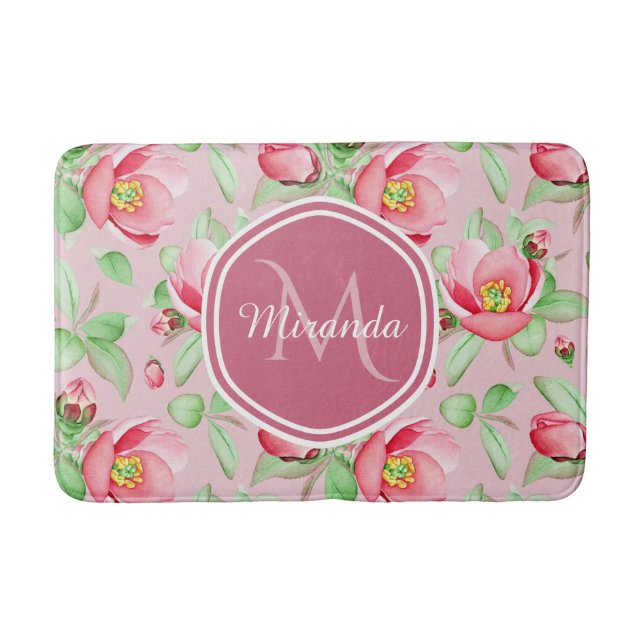Sweet Pink Apfelblüte mit Monogramm Badematte (Vorderseite)