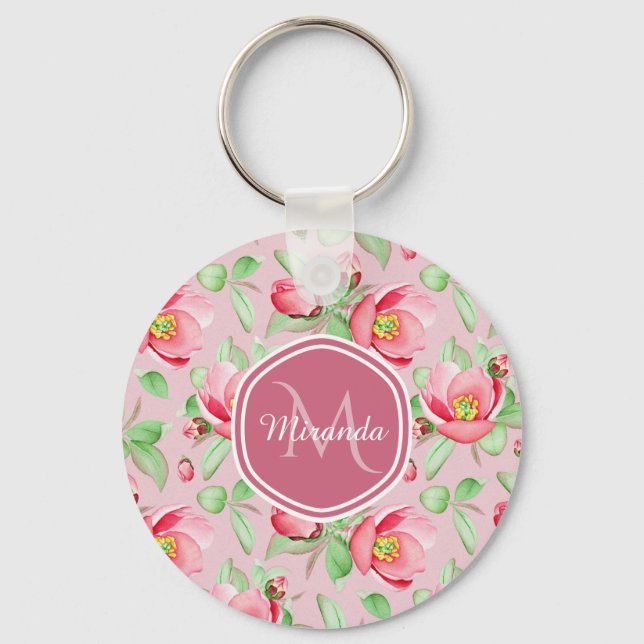 Sweet Pink Apfelblüte mit Monogramm Schlüsselanhänger (Vorderseite)