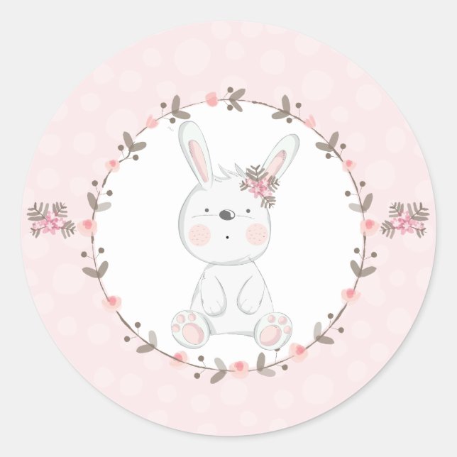 Sweet Pink Baby Bunny Floral Runder Aufkleber (Vorderseite)