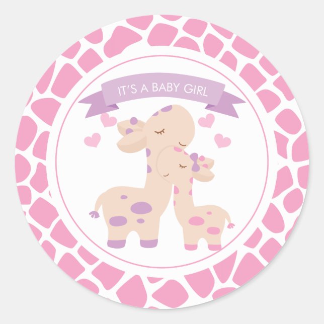 Sweet Pink Baby Girl Giraffe Jungle Baby Dusche Runder Aufkleber (Vorderseite)