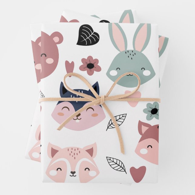 Sweet Pink Bear Fox And Bunny Forest Geschenkpapier Set (Beispiel)