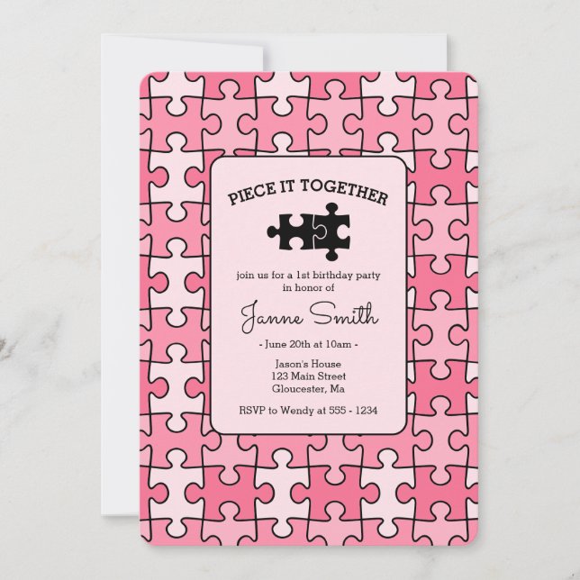 Sweet Pink Black Piece it Together Puzzle Birthday Einladung (Vorderseite)
