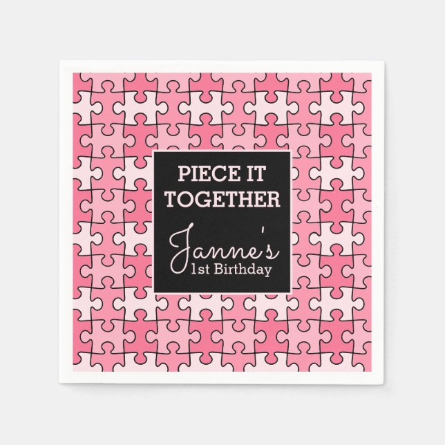 Sweet Pink Black Piece it Together Puzzle Birthday Serviette (Vorderseite)