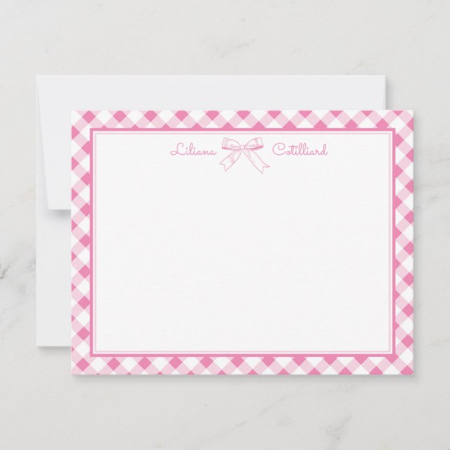 Sweet Pink Bow and Gingham Note Card Mitteilungskarte (Vorderseite)