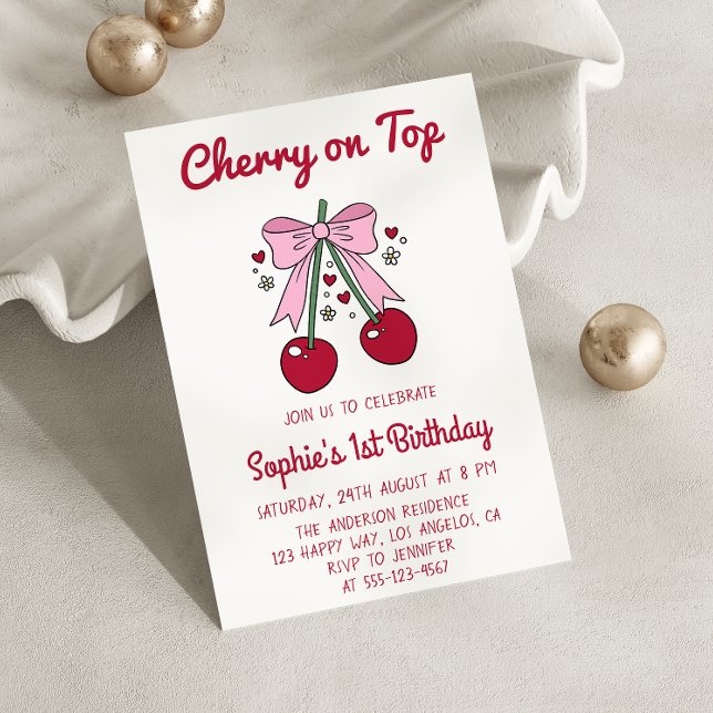Sweet Pink Bow Cherry on Top 1st Birthday Einladung (Von Creator hochgeladen)