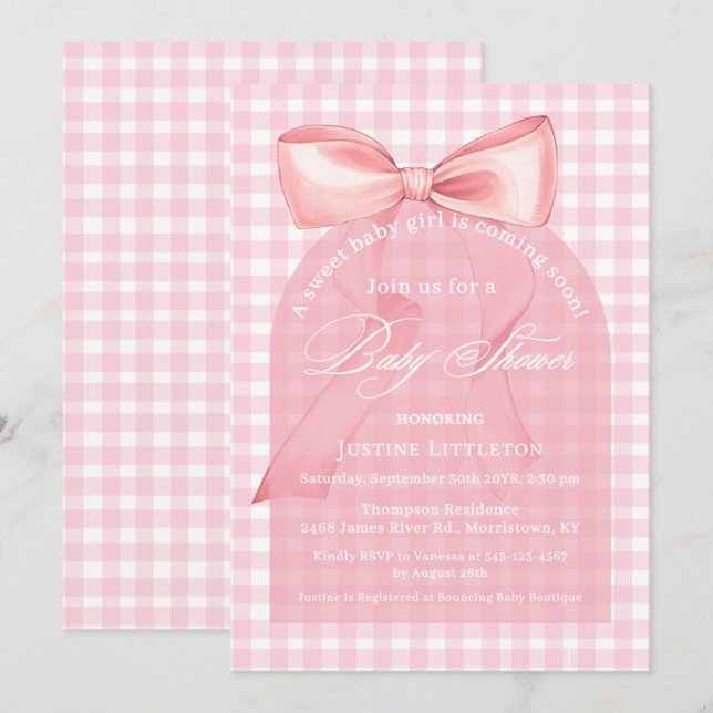 Sweet Pink Bow Gingham Arch Girl Babydusche Einladung (Vorne/Hinten)