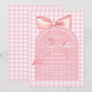 Sweet Pink Bow Gingham Arch Girl Babydusche Einladung