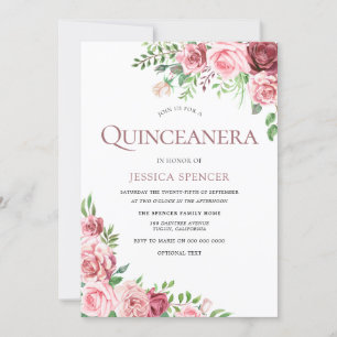 Sweet Pink & Burgund Rose Quinceanera Einladen Einladung