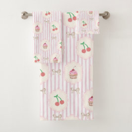 Sweet Pink Cherries Cupcakes Striptes Retro-Kunstw Badhandtuch Set