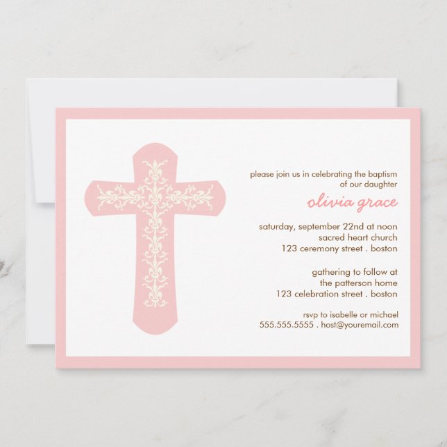 Sweet Pink Cross Taufe Einladung feiern (Vorderseite)
