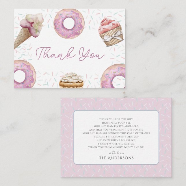 Sweet Pink Cupcake & Donut Baby Dusche Vielen Dank Mitteilungskarte (Vorne/Hinten)