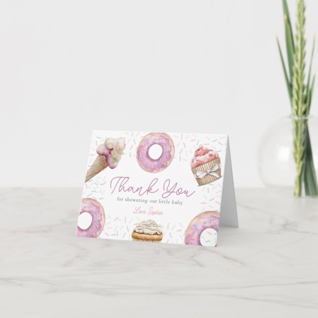 Sweet Pink Cupcake & Donut Baby Shower Dankeskarte (Vorderseite)