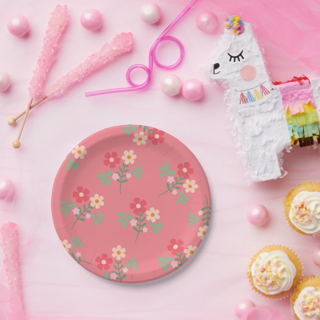 Sweet Pink Daisy Bouquet Retro Muster Pappteller (Party)