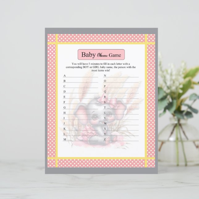 Sweet Pink Elephant Baby Dusche Name Spiel (Stehend Vorderseite)