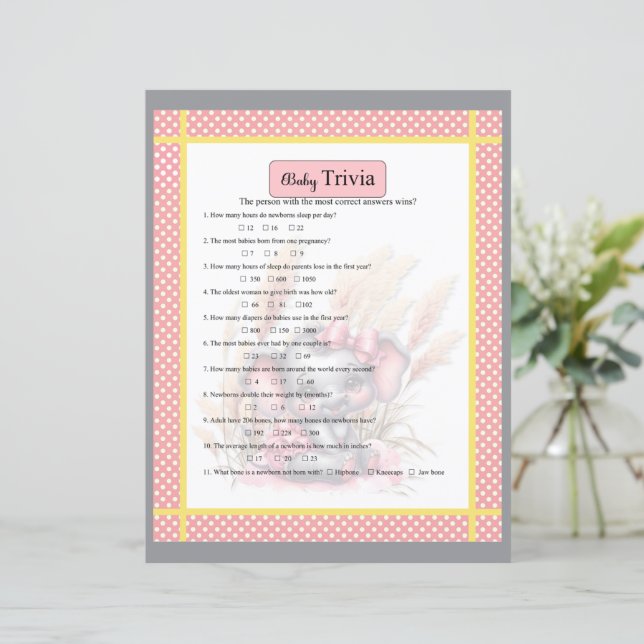 Sweet Pink Elephant Baby Dusche Trivia Spiel (Stehend Vorderseite)
