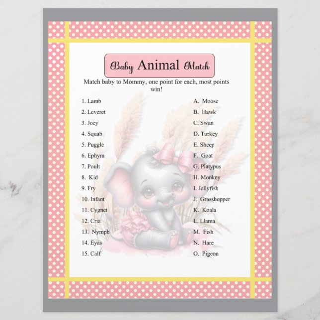 Sweet Pink Elephant Baby Shower Animal Match Game (Vorderseite)