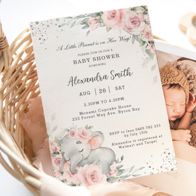 Sweet Pink Floral Adorable Elephant Baby Dusche Einladung (Von Creator hochgeladen)