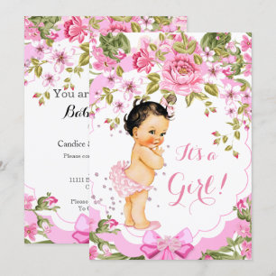 Sweet Pink Floral Rose Kinderdusche Brünett Einladung