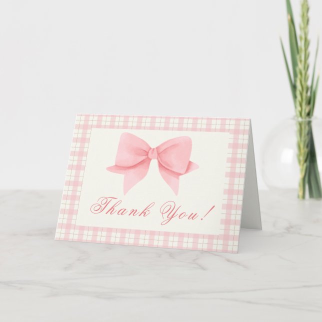Sweet Pink Gingham Kariert Bow Girl Baby Dusche Dankeskarte (Vorderseite)