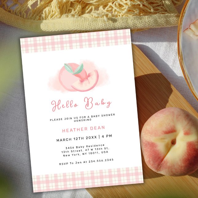 Sweet Pink Gingham Peach Baby Dusche Einladung (Sweet Pink Gingham Peach Baby Shower Invitation)
