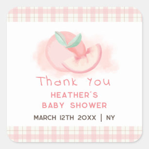 Sweet Pink Gingham Peach Baby Dusche Vielen Dank Quadratischer Aufkleber