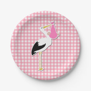 Sweet Pink Gingham und Stork Baby Shower Plate Pappteller