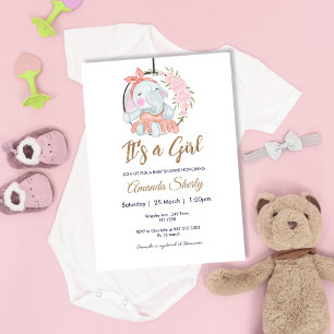 Sweet Pink Girl Elephant Baby Dusche Einladung