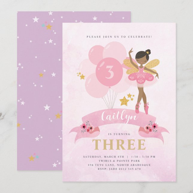 Sweet Pink & Gold Ballerina Fairy Birthday Einladu Einladung (Vorne/Hinten)