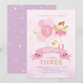 Sweet Pink & Gold Ballerina Fairy Birthday Einladung