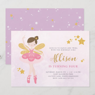 Sweet Pink & Gold Ballerina Fairy Birthday Einladung