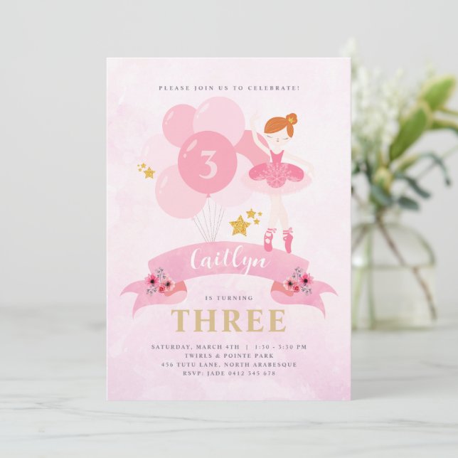 Sweet Pink & Gold Ballerina Zum Geburtstag Einladu Einladung (Stehend Vorderseite)