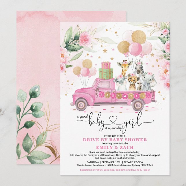 Sweet Pink Gold Safari Tierantrieb mit Babydusche Einladung (Vorne/Hinten)