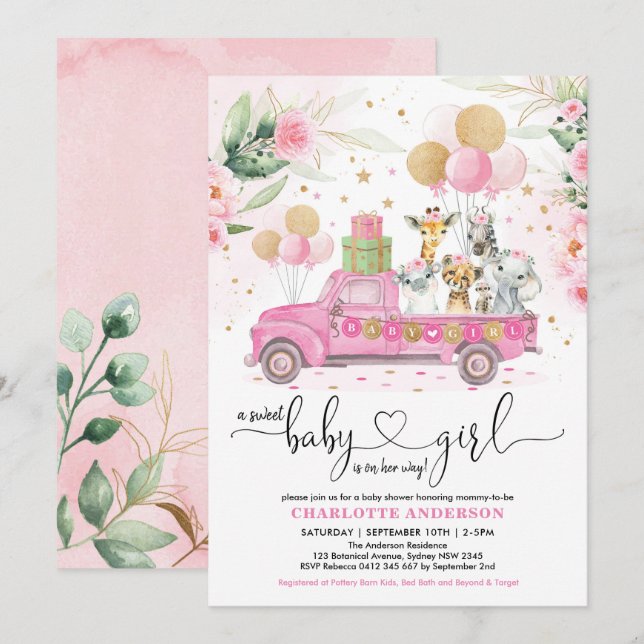 Sweet Pink Gold Safari Tiere Girl Baby Dusche Einladung (Vorne/Hinten)