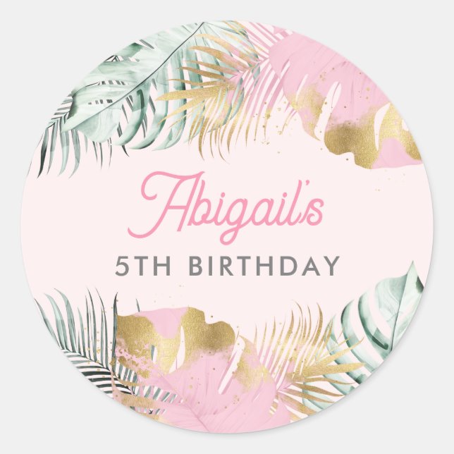 Sweet Pink & Gold Tropical Blätter Geburtstag Runder Aufkleber (Vorderseite)