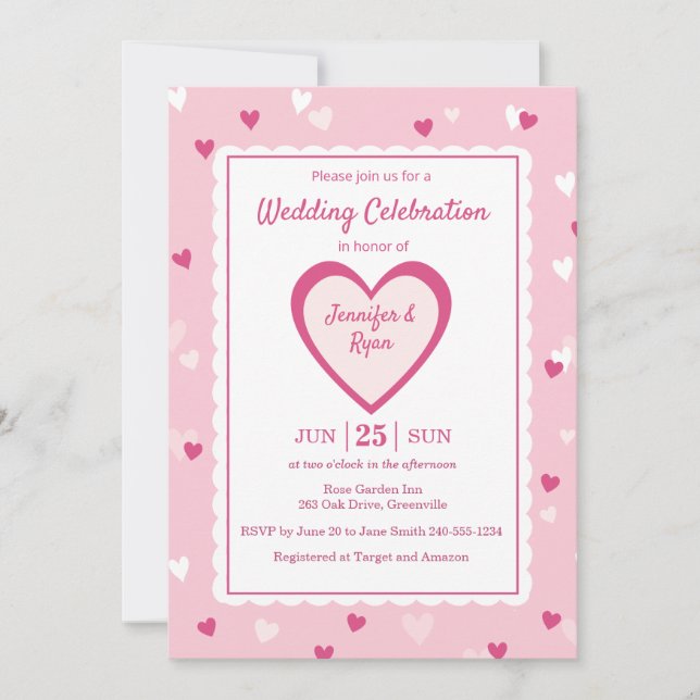 Sweet Pink Hearts Valentine Wedding Einladung (Vorderseite)