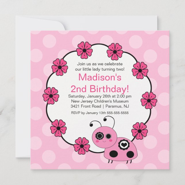 Sweet PINK Ladybugs Einladung zum Geburtstag (Vorderseite)