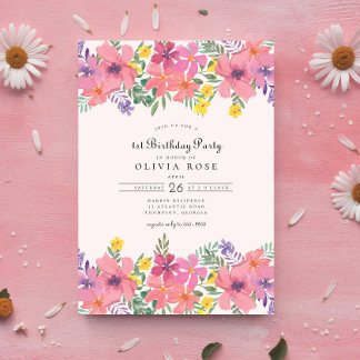 Sweet Pink Lila Floral 1. Geburtstag Party Einladung