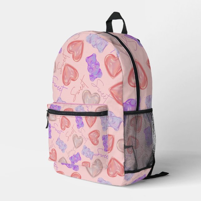Sweet Pink Lila Teddy Bär & Herz Muster Bedruckter Rucksack (Rückseitige Ecke Rechts)