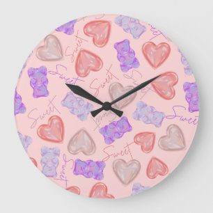 Sweet Pink Lila Teddy Bär & Herz Muster Große Wanduhr