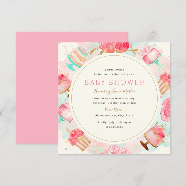 Sweet Pink Mint Cake Wreath Baby Dusche Einladung (Vorne/Hinten)