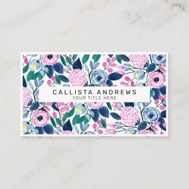 Sweet Pink Navy Blume Aquarellmuster Visitenkarte (Vorderseite)
