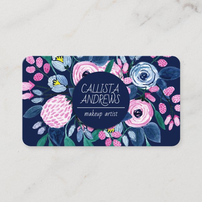 Sweet Pink Navy Blume Wasserfarbe Makeup Artist Visitenkarte (Vorderseite)