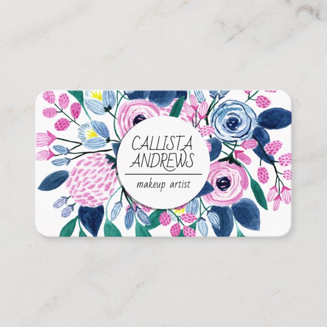 Sweet Pink Navy Blume Wasserfarbe Makeup Artist Visitenkarte (Vorderseite)